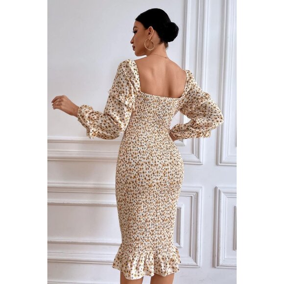 Women's Floral Midi Dress Polyester Long Puff Sleeve Square Neck Ruffle - Picture 3 of 5